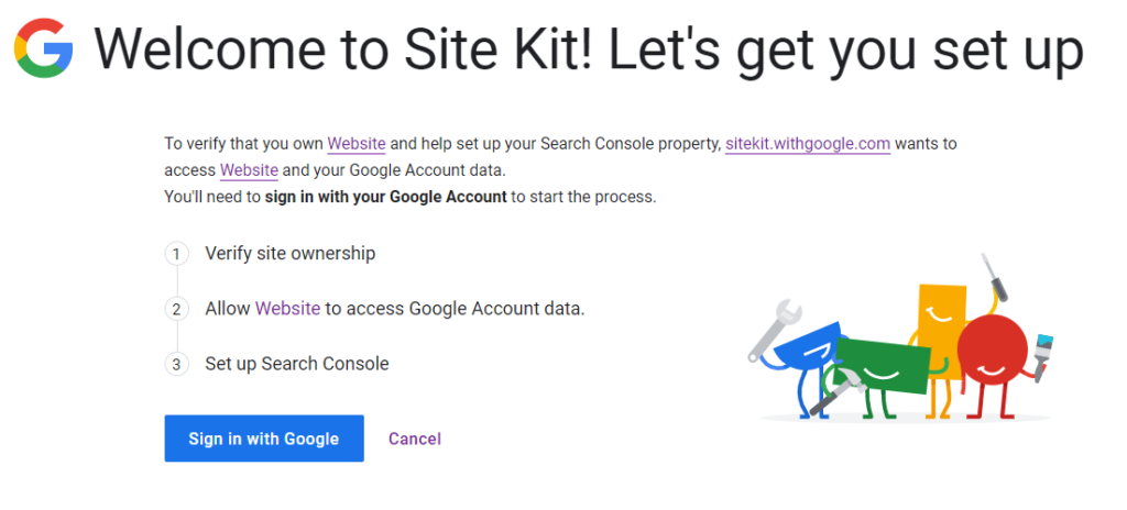 Screen showing Google Site Kit's process of verifying Search Console